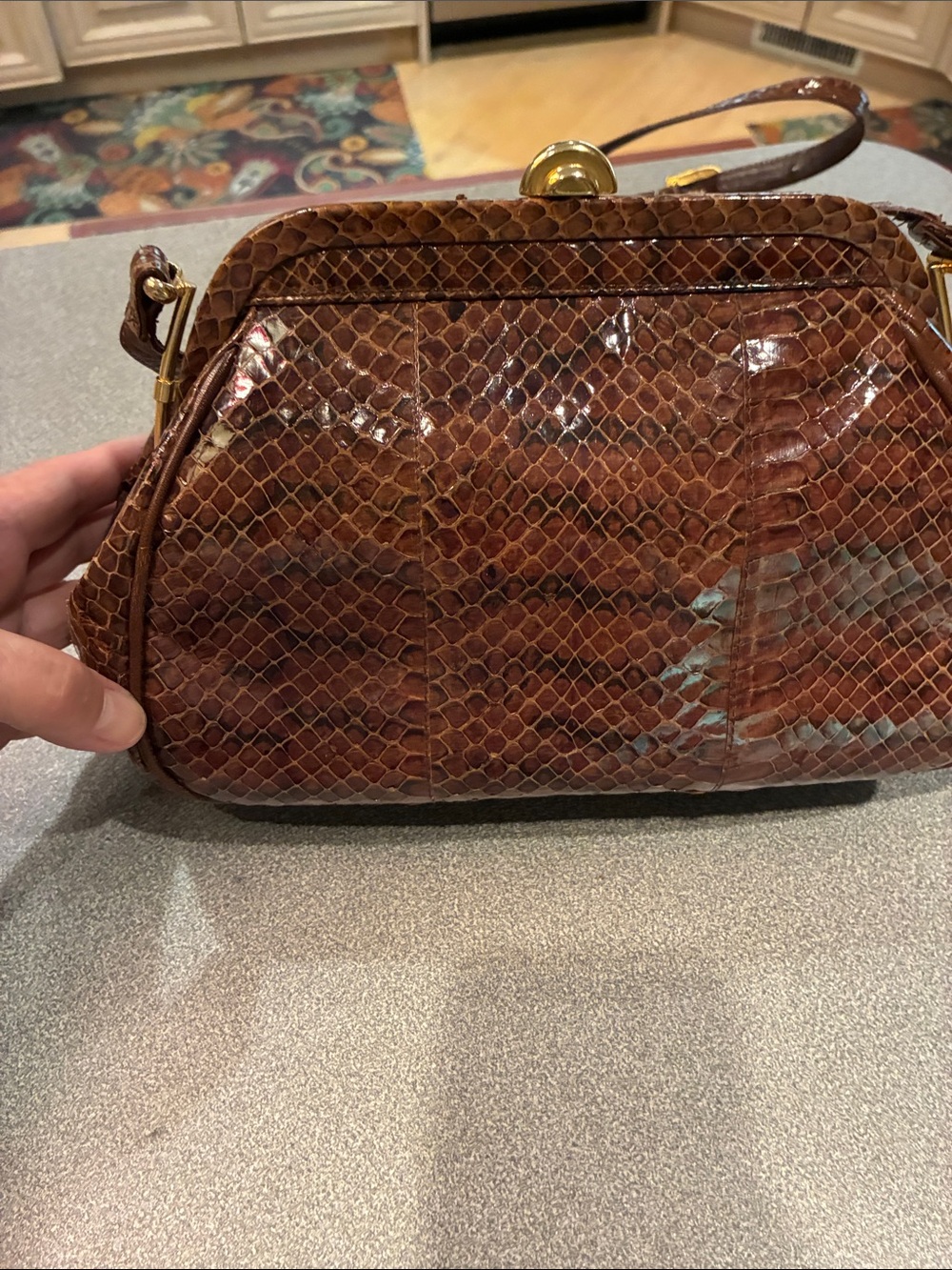 Brown Snakeskin-Texture Kiss-Lock Wristlet Clutch